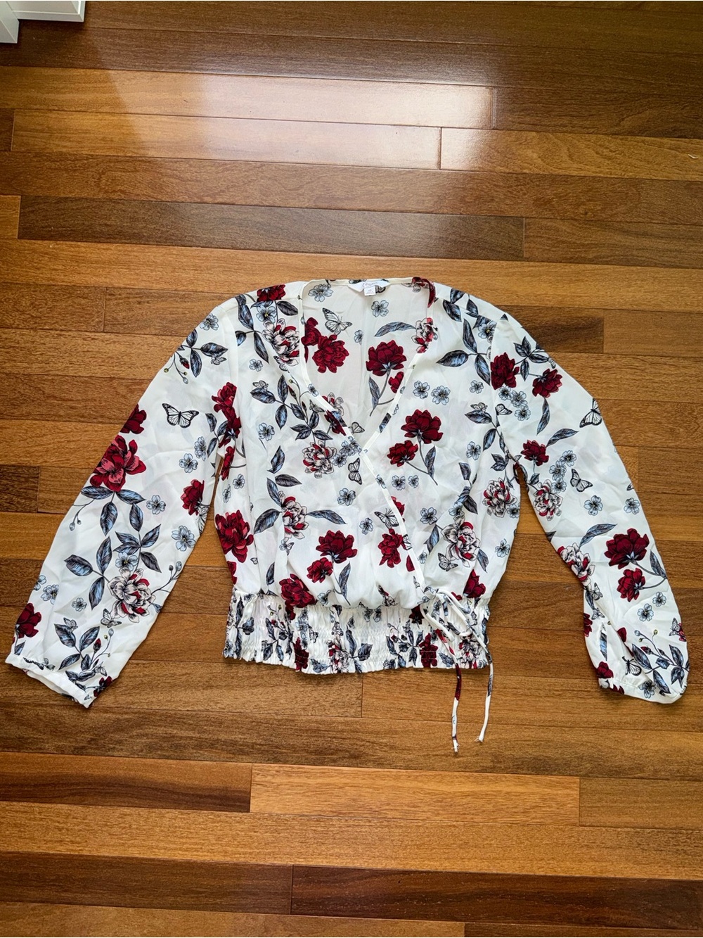 Candie's White Wrap Blouse with Red Floral Print